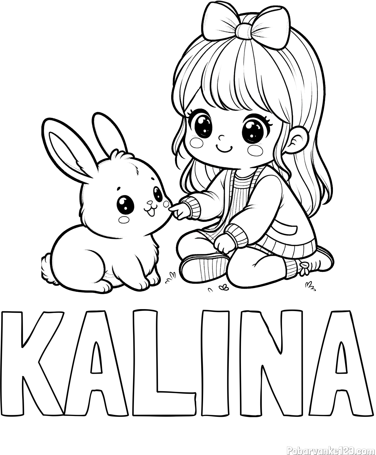 Pobarvanka imena KALINA in pobarvanka ljubke punčke, ki se igra z zajčkom