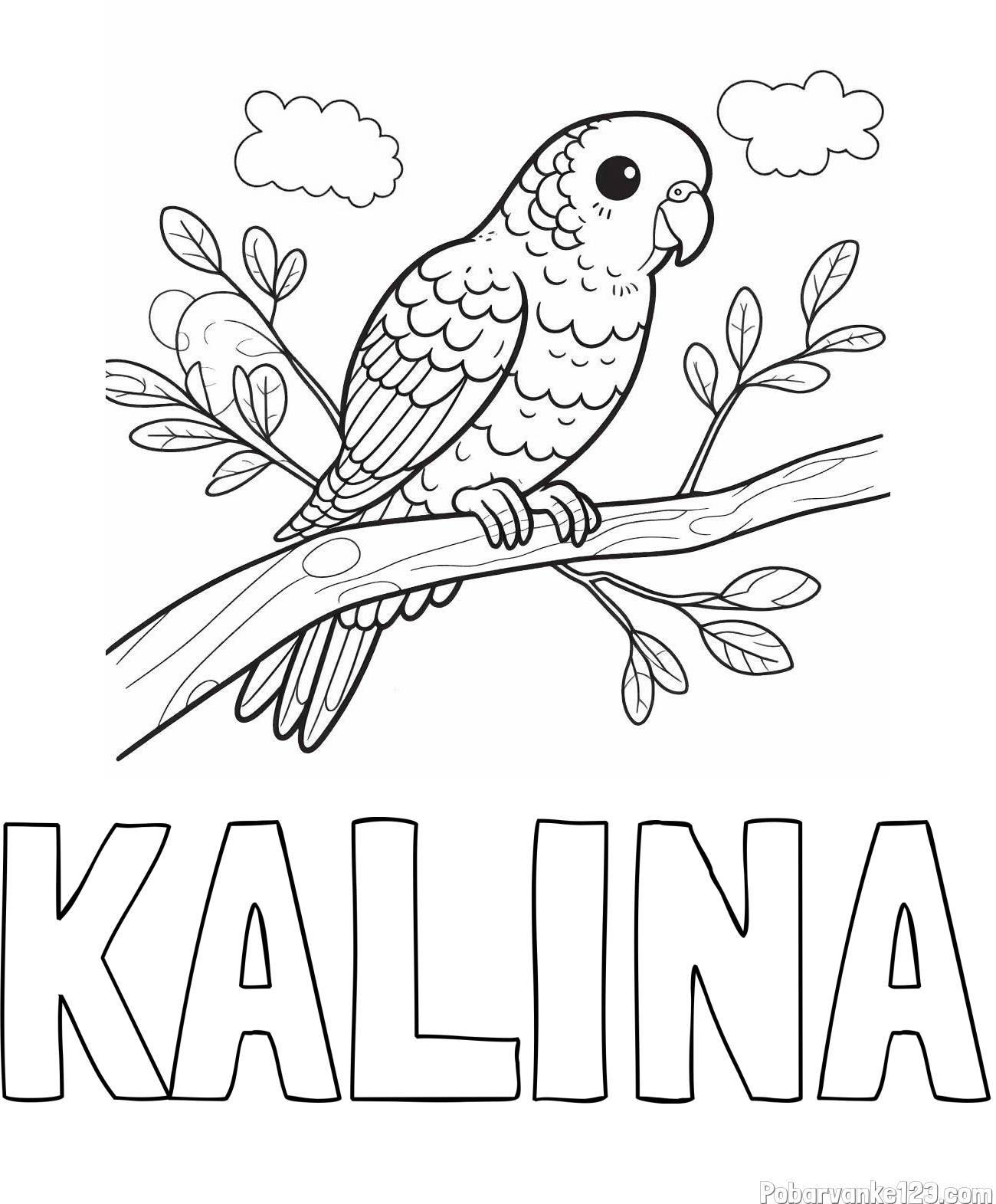 Pobarvanka imena KALINA in pobarvanka ljubkega kanarčka na veji