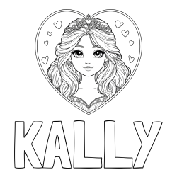 Online izdelana pobarvanka - Pobarvanka imena KALLY in pobarvanka princeske ter srčkov