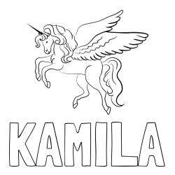 Online izdelana pobarvanka - Pobarvanka imena KAMILA in lepa pobarvanka samoroga