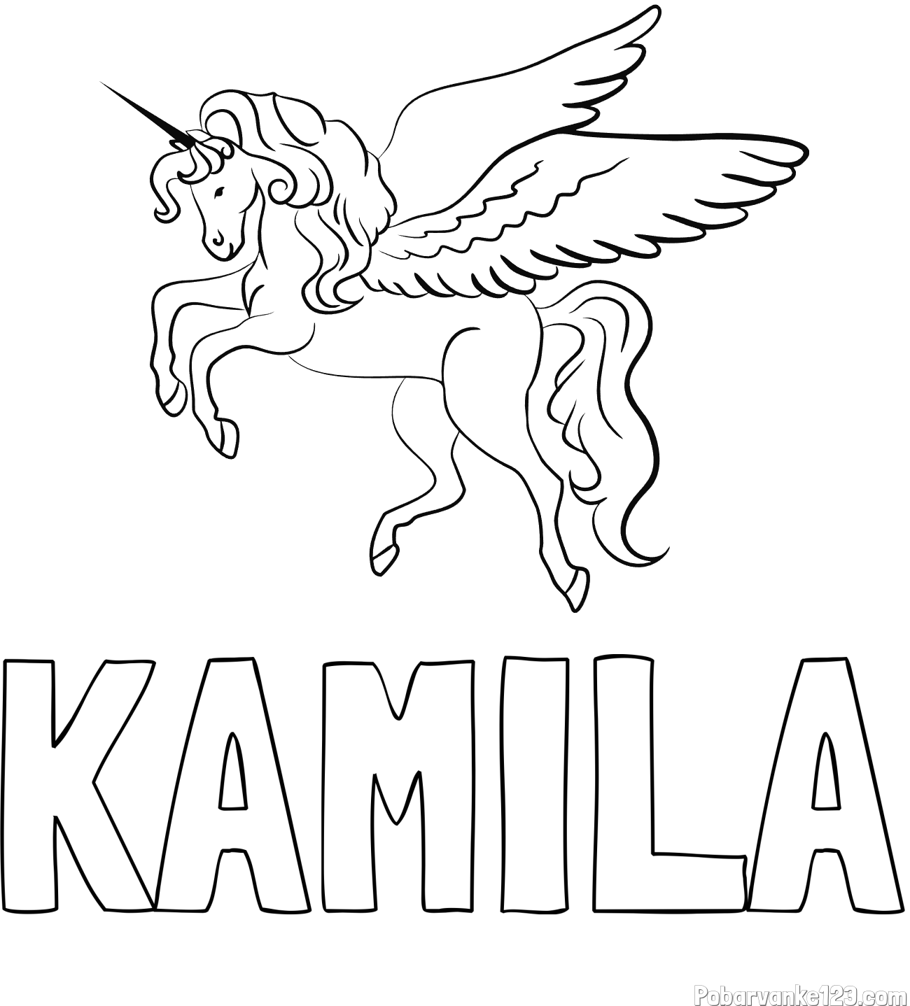 Pobarvanka imena KAMILA in lepa pobarvanka samoroga