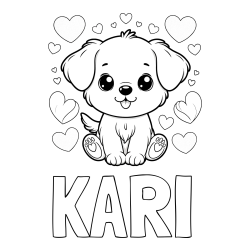 Online izdelana pobarvanka - Pobarvanka imena KARI in pobarvanka ljubkega kužka obdanega s srčki