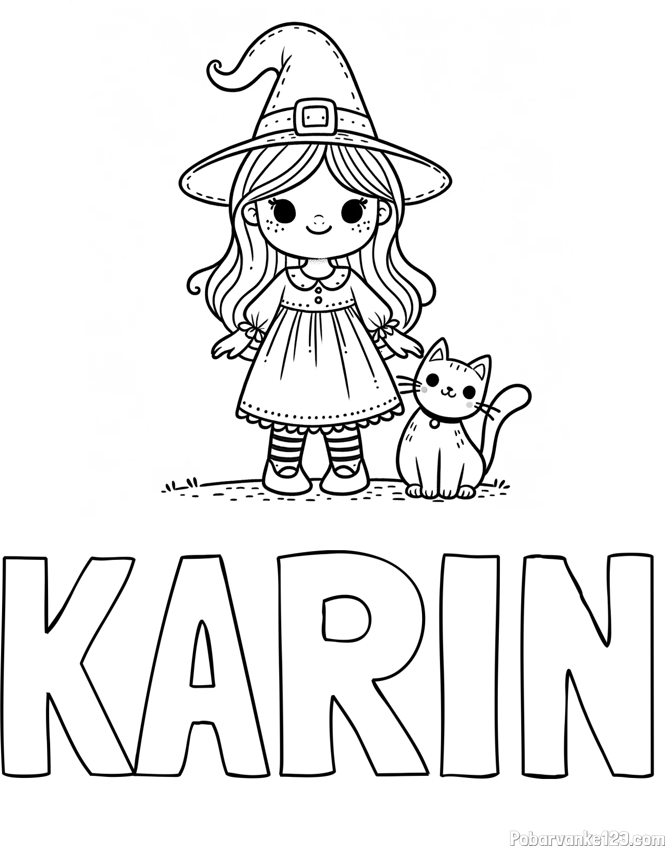 Pobarvanka imena KARIN in Čudovita pobarvanka ljubke čarovnice in nasmejane mačke