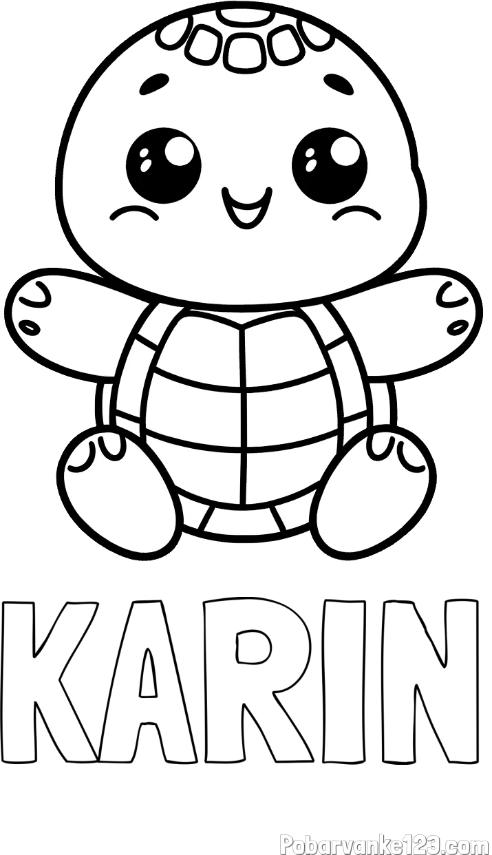 Pobarvanka imena KARIN in otroška pobarvanka ljubke in nasmejane želvice