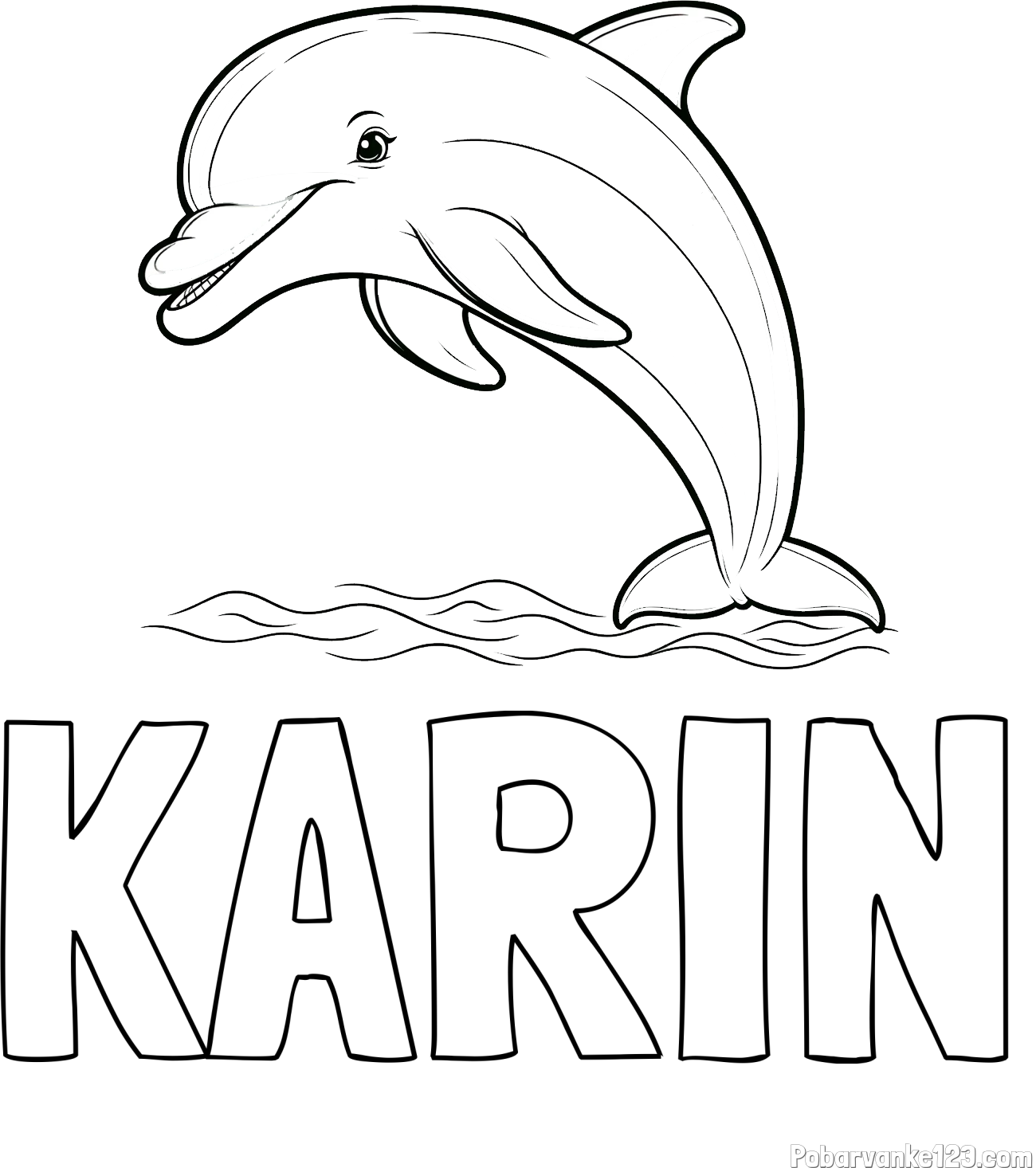Pobarvanka imena KARIN in otroška pobarvanka nasmejanega delfina v skoku
