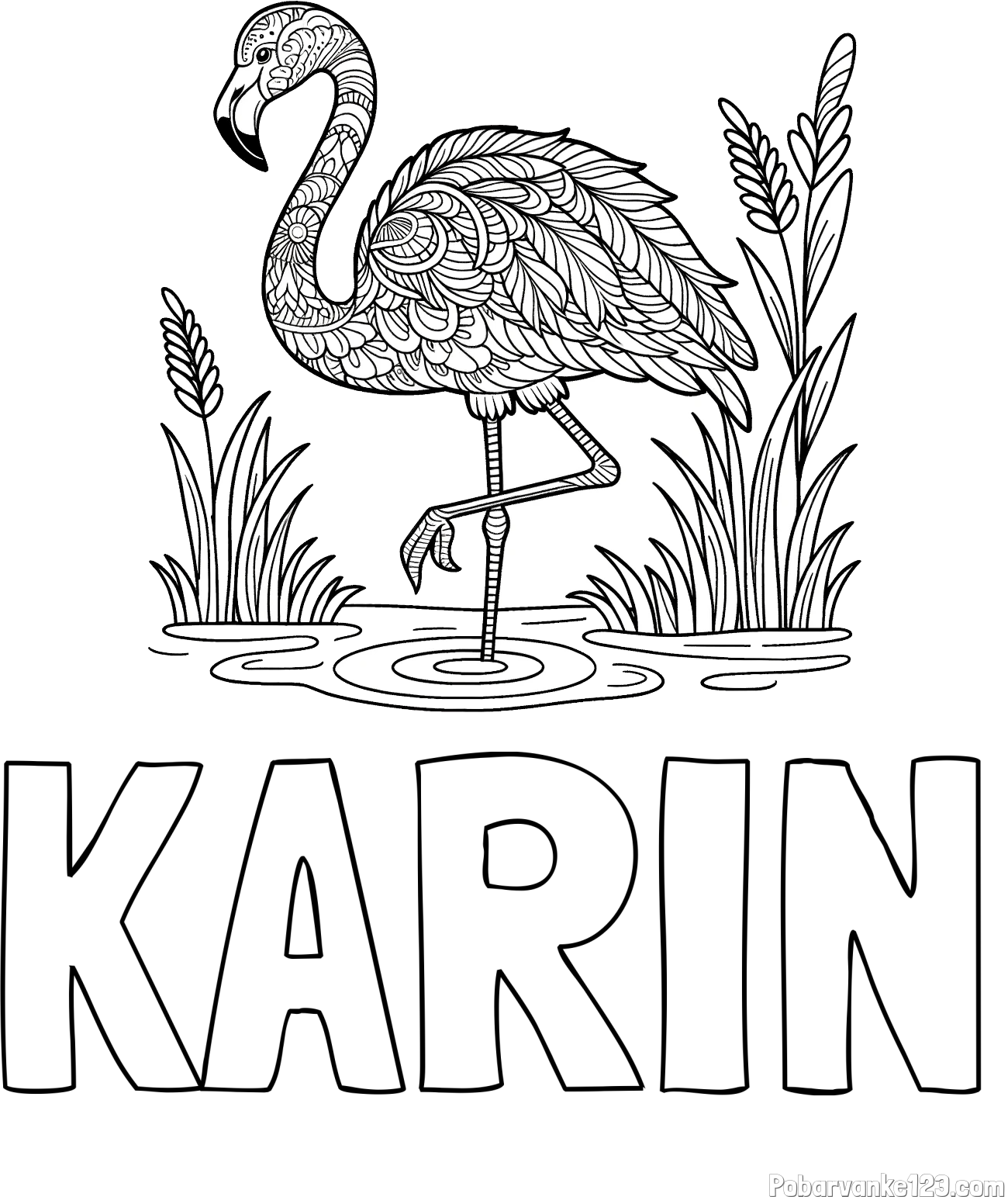 Pobarvanka imena KARIN in pobarvanka flaminga z abstraktnimi vzorci