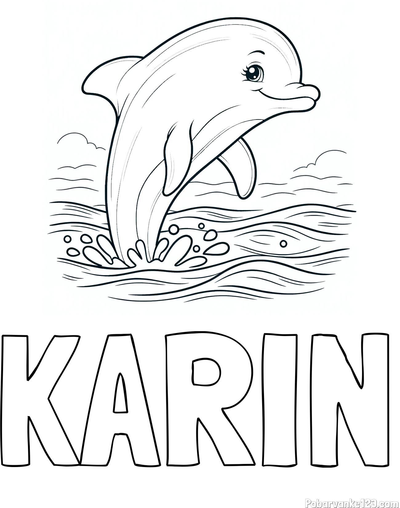 Pobarvanka imena KARIN in pobarvanka nasmejanega delfina v  skoku
