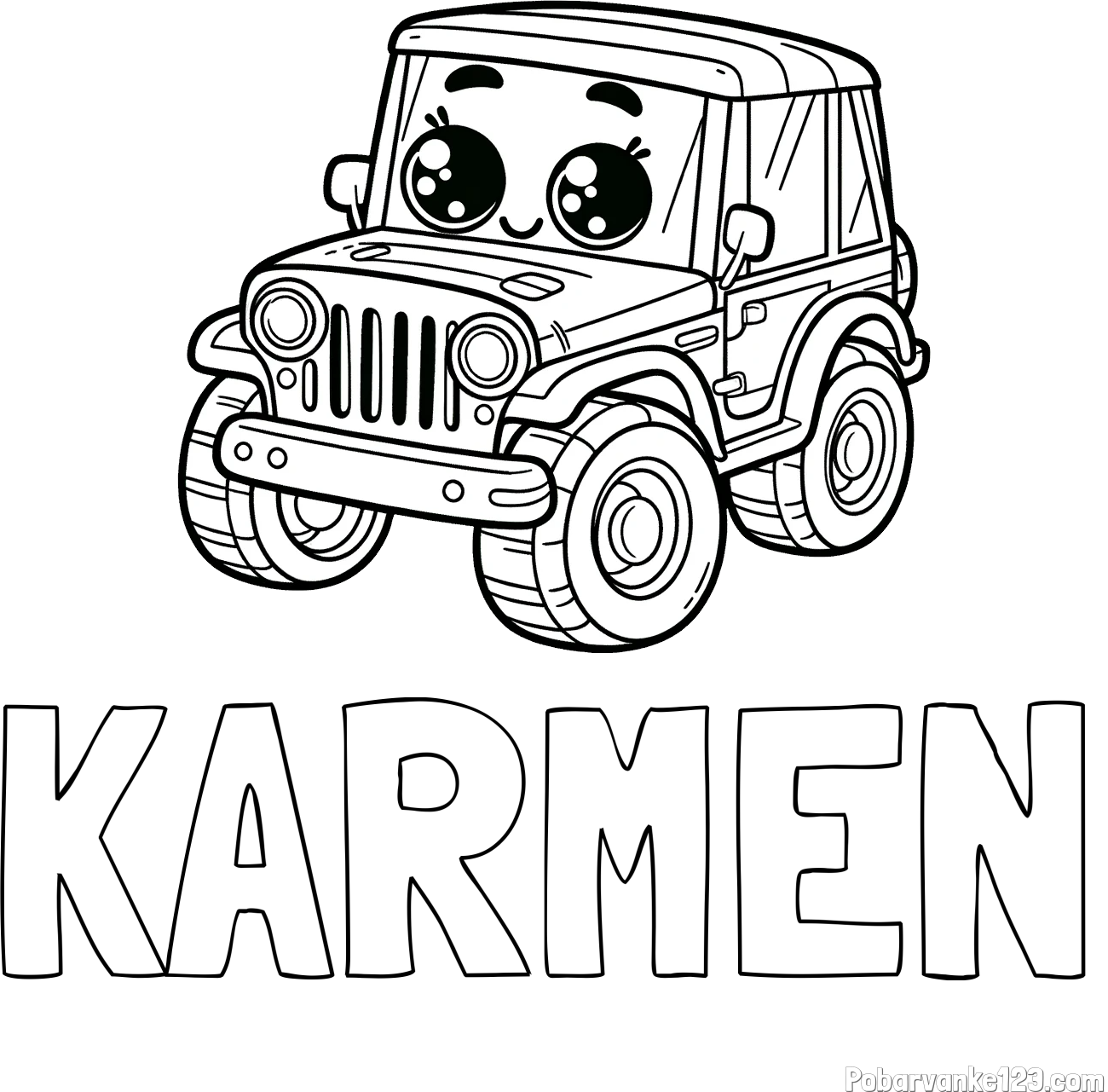 Pobarvanka imena KARMEN in otroška pobarvanka nasmejanega jeep-a