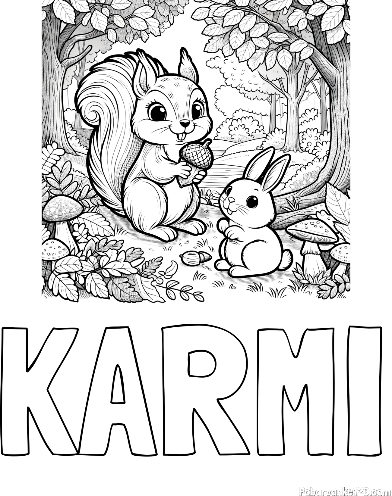 Pobarvanka imena KARMI in pobarvanka veveričke in zajčka v gozdu