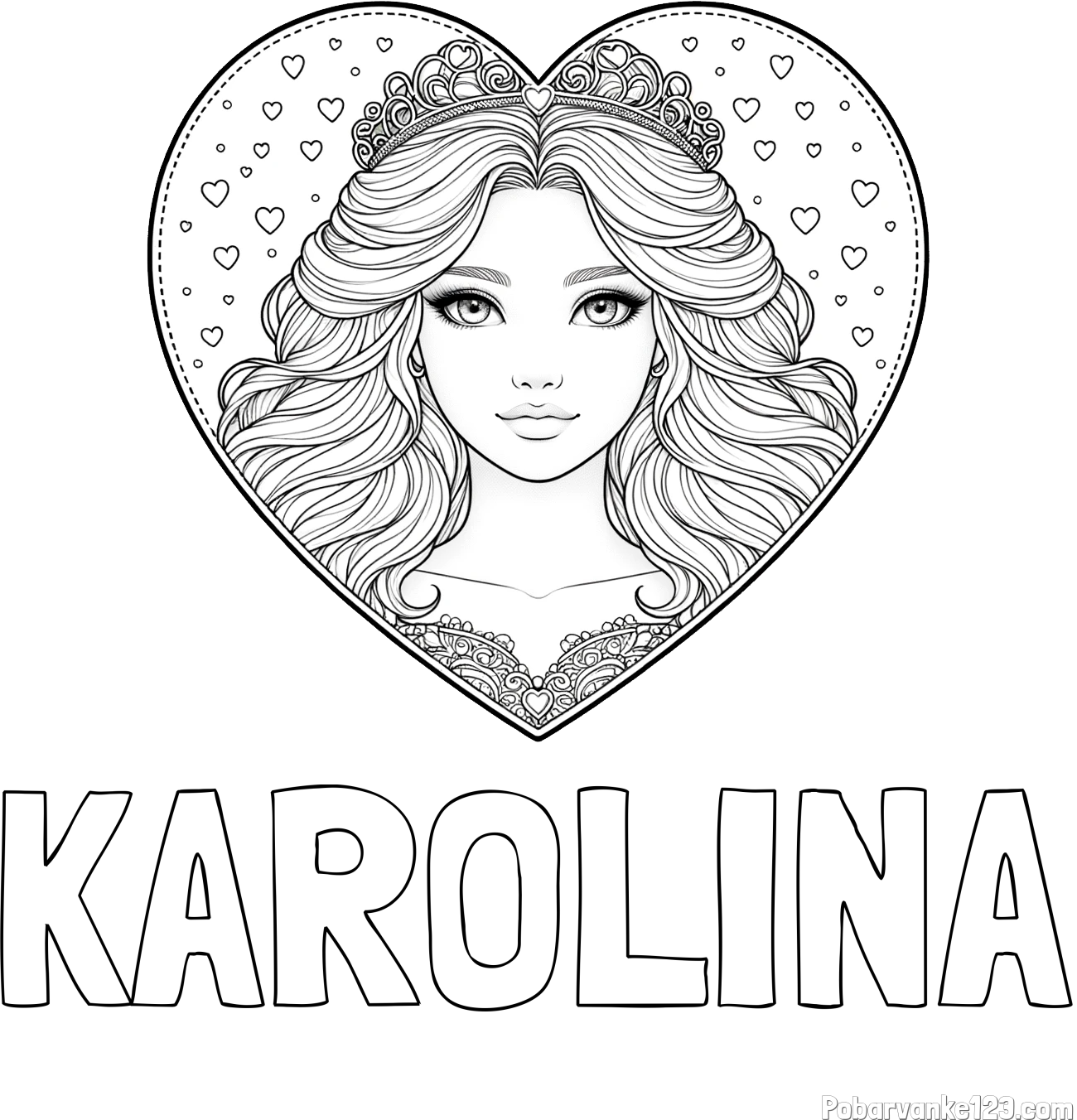 Pobarvanka imena KAROLINA in pobarvanka ljubke princese v srčku