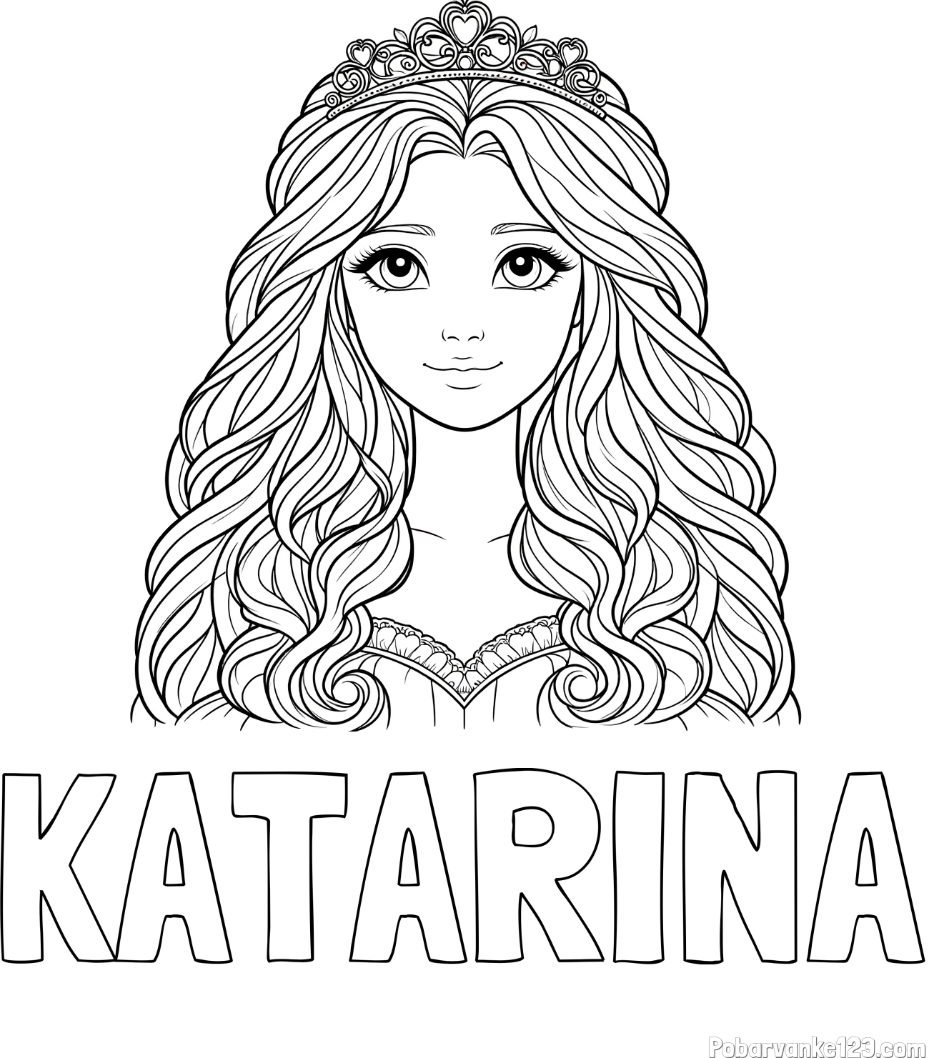 Pobarvanka imena KATARINA in pobarvanka ljubke princese z bujnimi lasmi