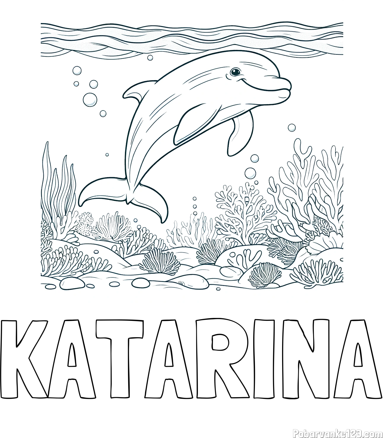 Pobarvanka imena KATARINA in pobarvanka ljubkega delfina med plavanjem v morju