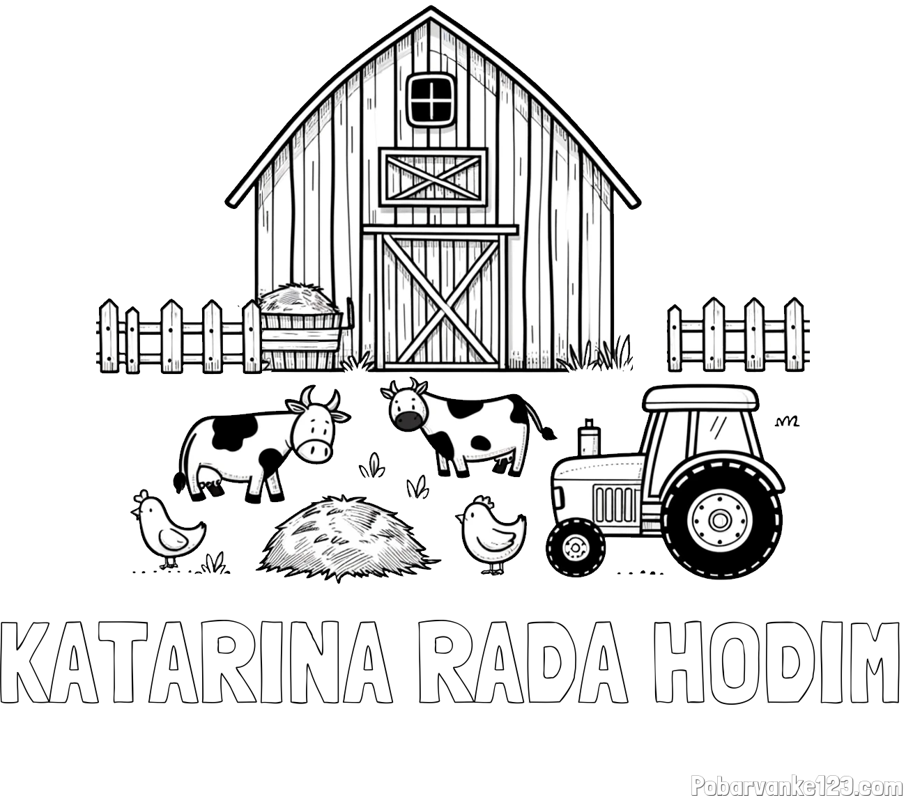 Pobarvanka imena KATARINA RADA HODIM in otroška pobarvanka velikega senika, krav in traktorja
