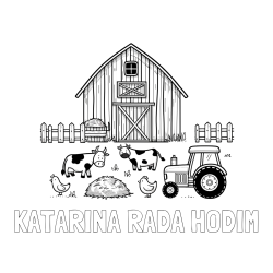 Online izdelana pobarvanka - Pobarvanka imena KATARINA RADA HODIM in otroška pobarvanka velikega senika, krav in traktorja