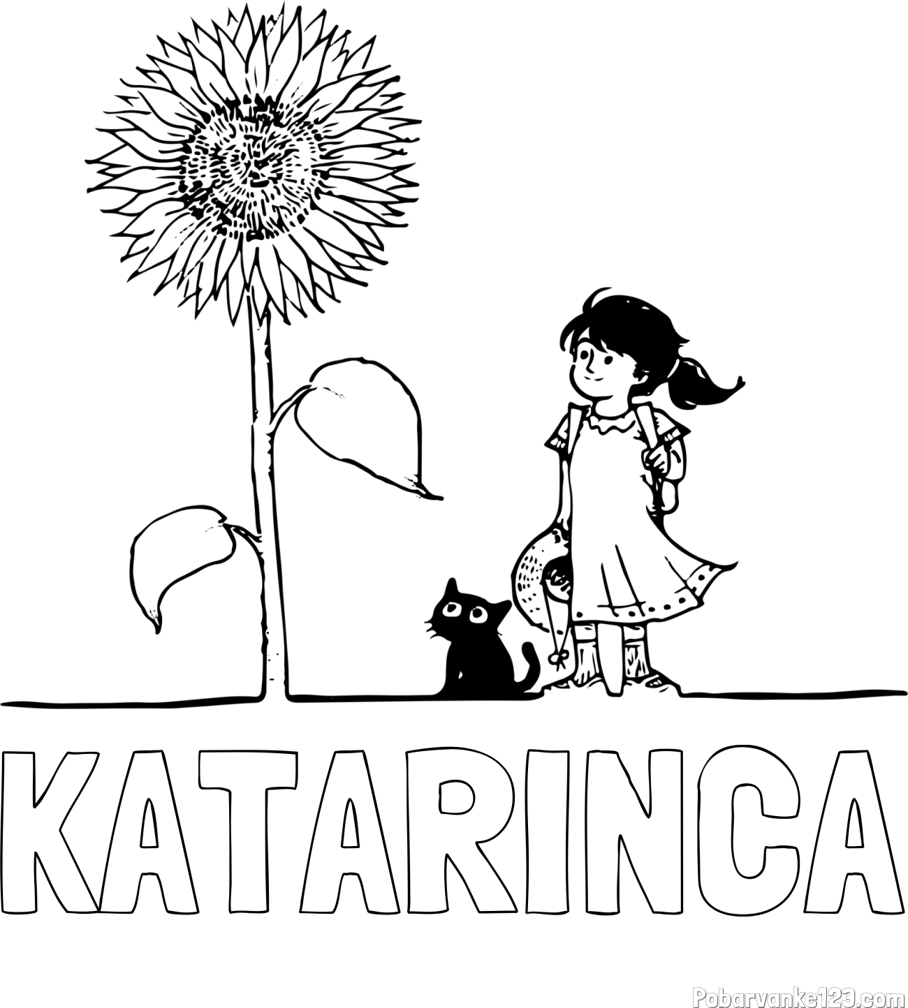Pobarvanka imena KATARINCA in pobarvanka velike sončnice, deklice in ljubkega mačka