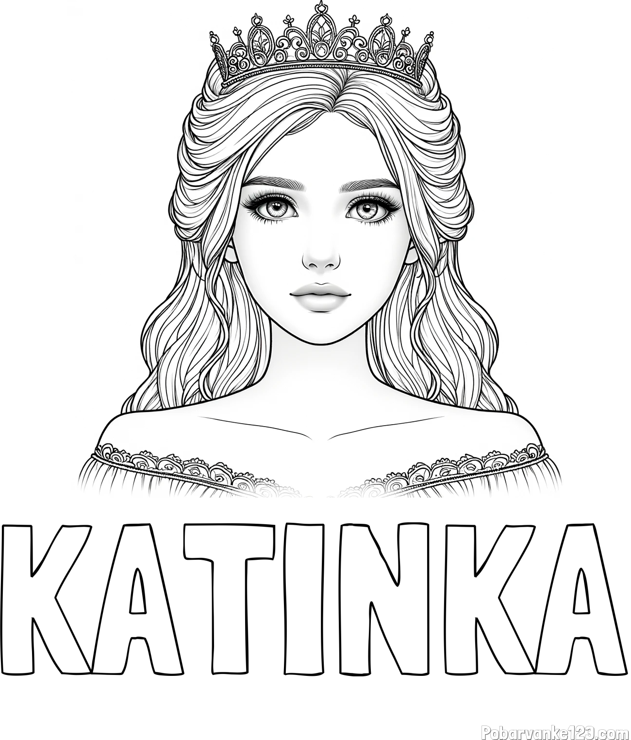 Pobarvanka imena KATINKA in pobarvanka prikupne princeske s čudovitimi očmi