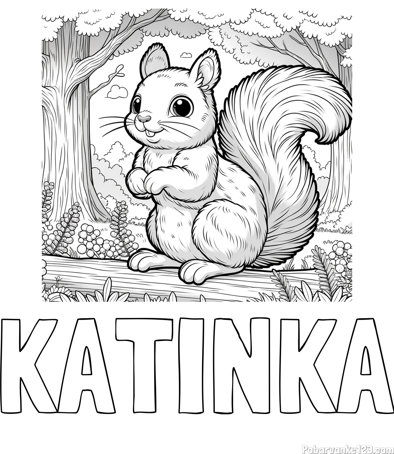 Pobarvanka imena KATINKA in pobarvanka veverice v gozdu
