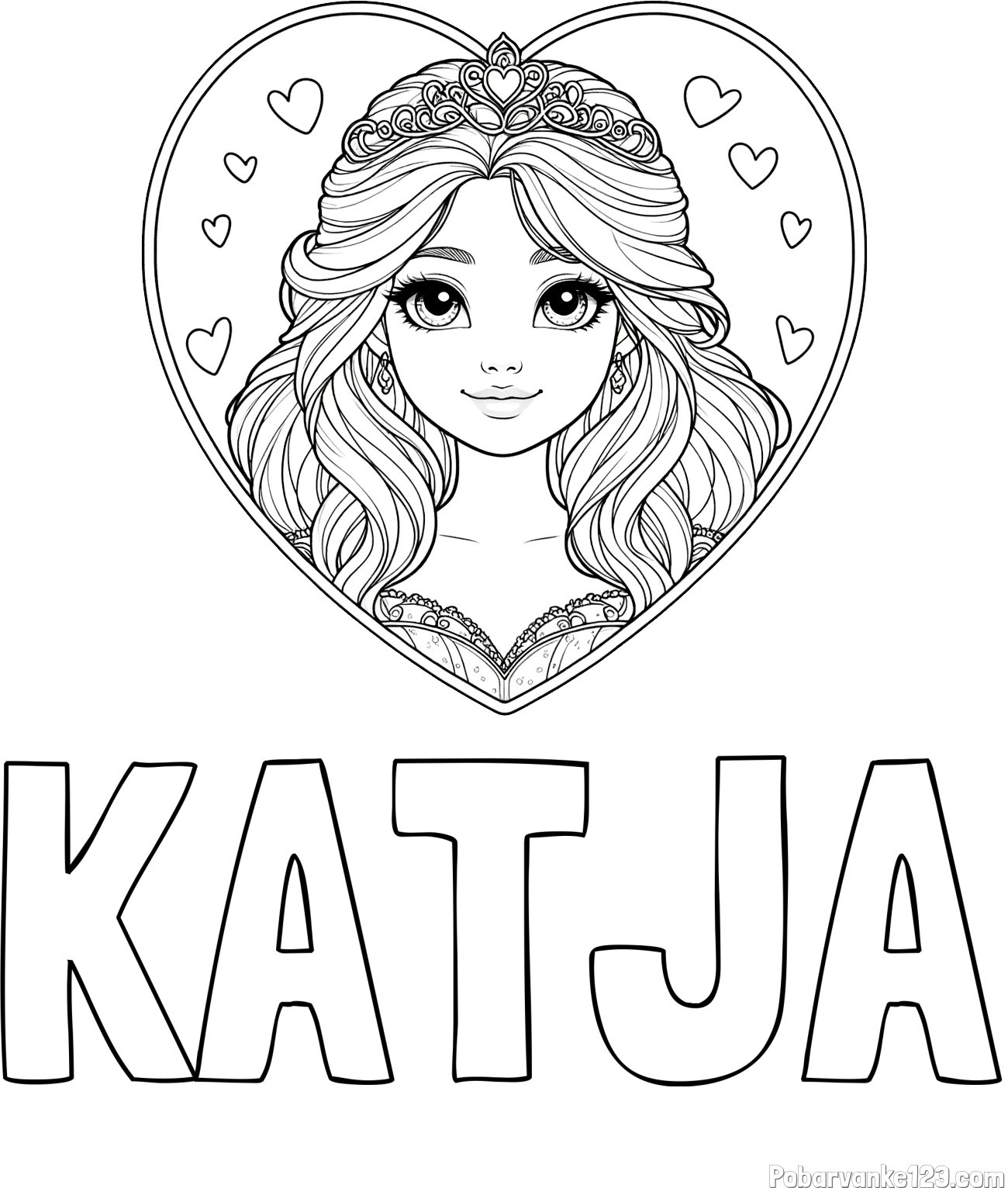 Pobarvanka imena KATJA in pobarvanka princeske ter srčkov
