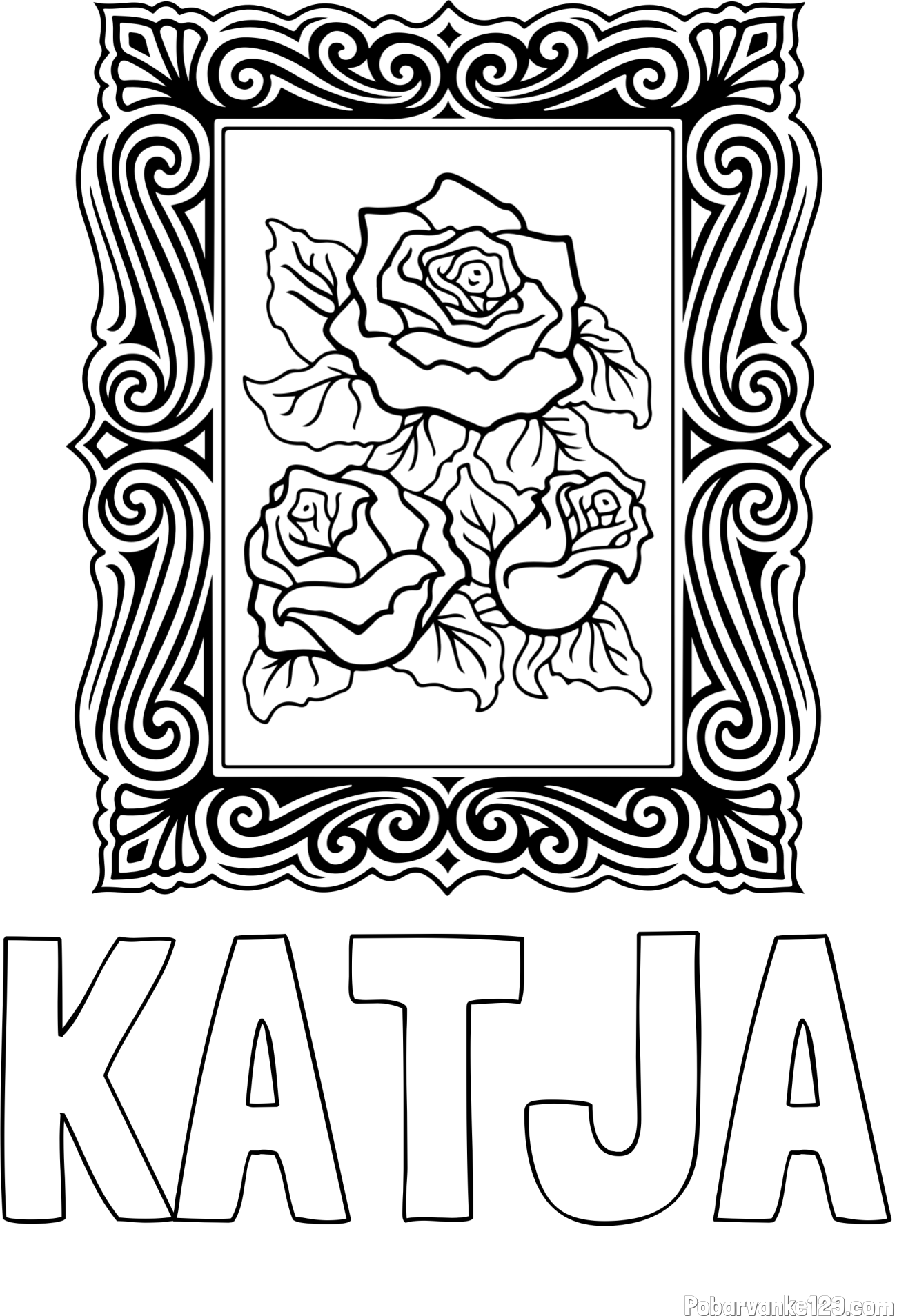 Pobarvanka imena KATJA in pobarvanka  uokvirjene slike vrtnic