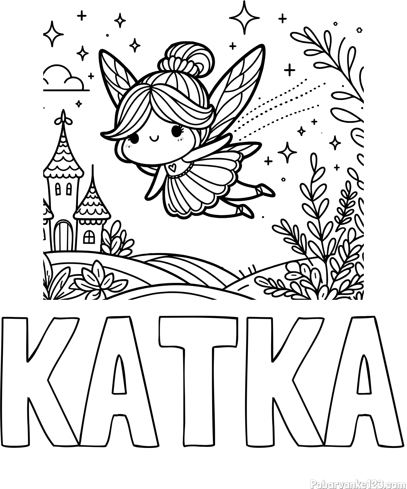 Pobarvanka imena KATKA in pobarvanka čarobne vile, ki leti nad pravljično pokrajino