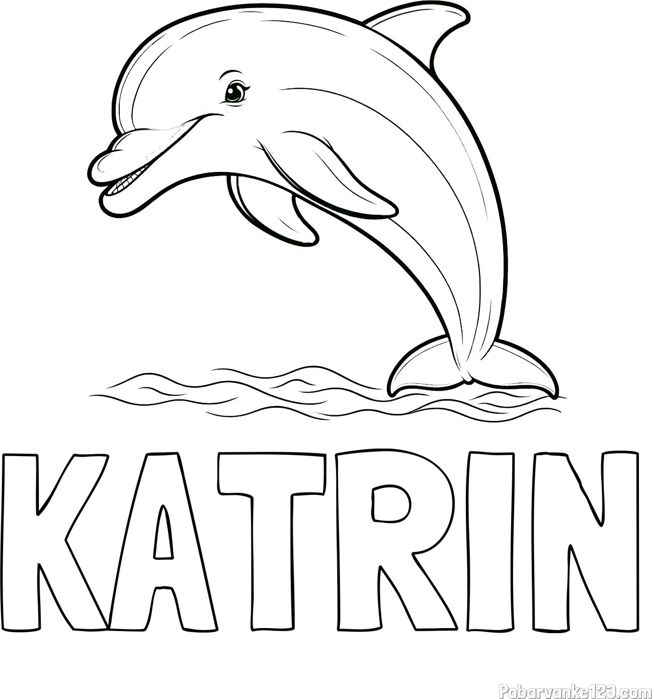 Pobarvanka imena KATRIN in otroška pobarvanka nasmejanega delfina v skoku