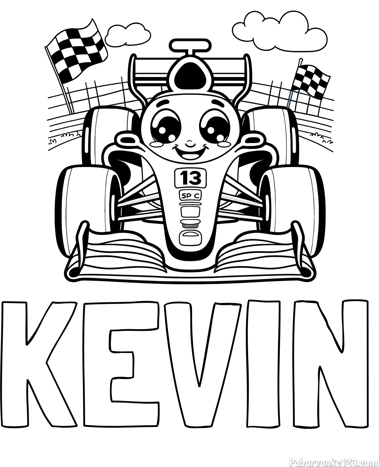 Pobarvanka imena KEVIN in otroška pobarvanka FORMULA 1