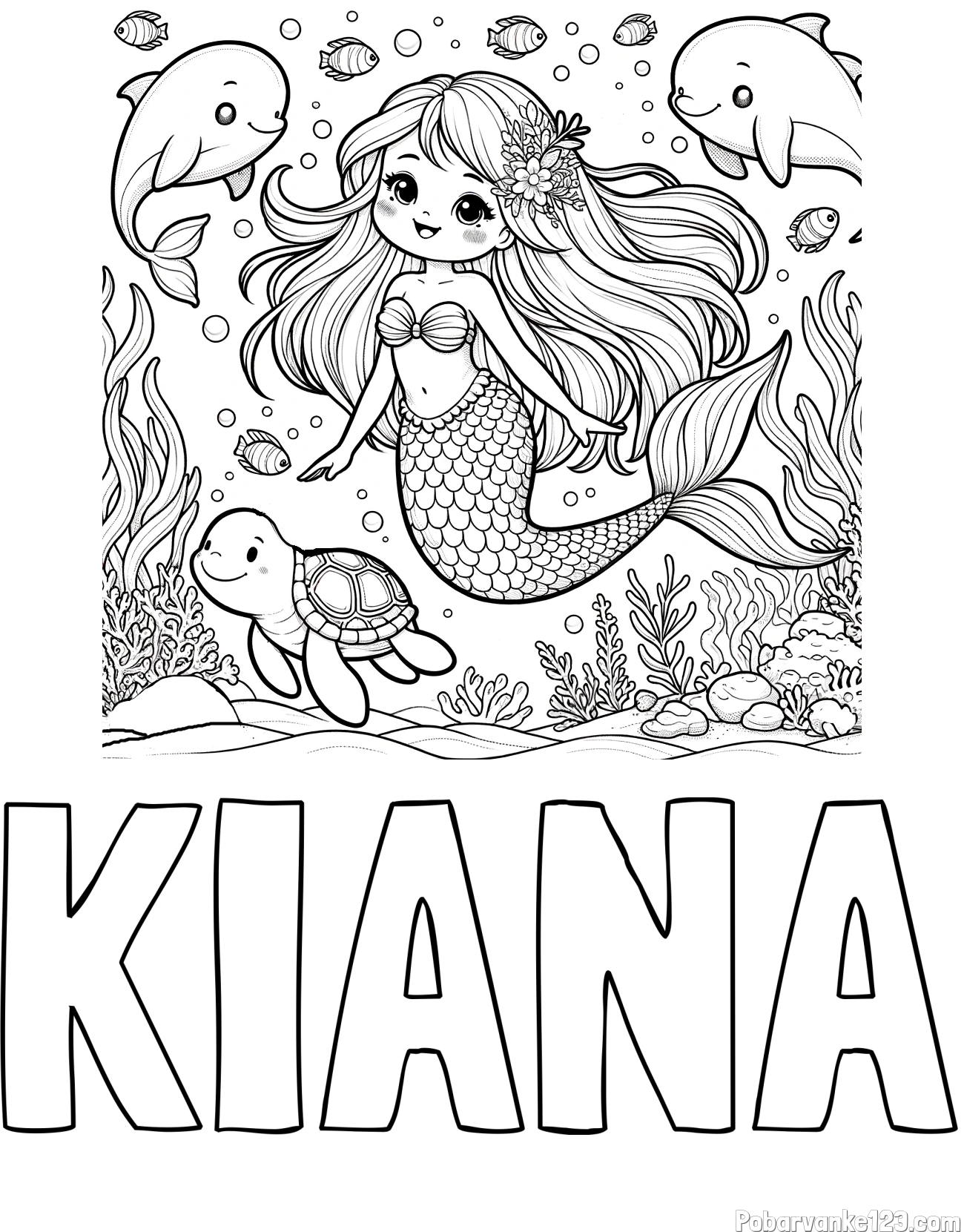 Pobarvanka imena KIANA in pobarvana ljubke morske deklice s prijatelji