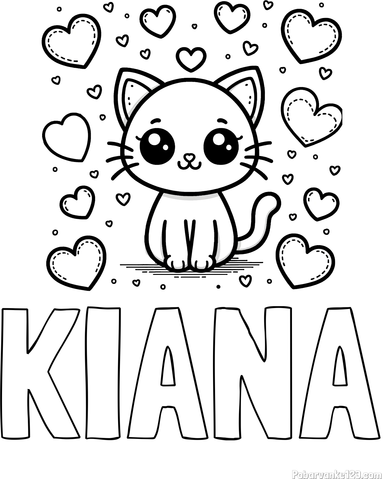 Pobarvanka imena KIANA in pobarvanka ljubke mucke obdane z veliko srčki