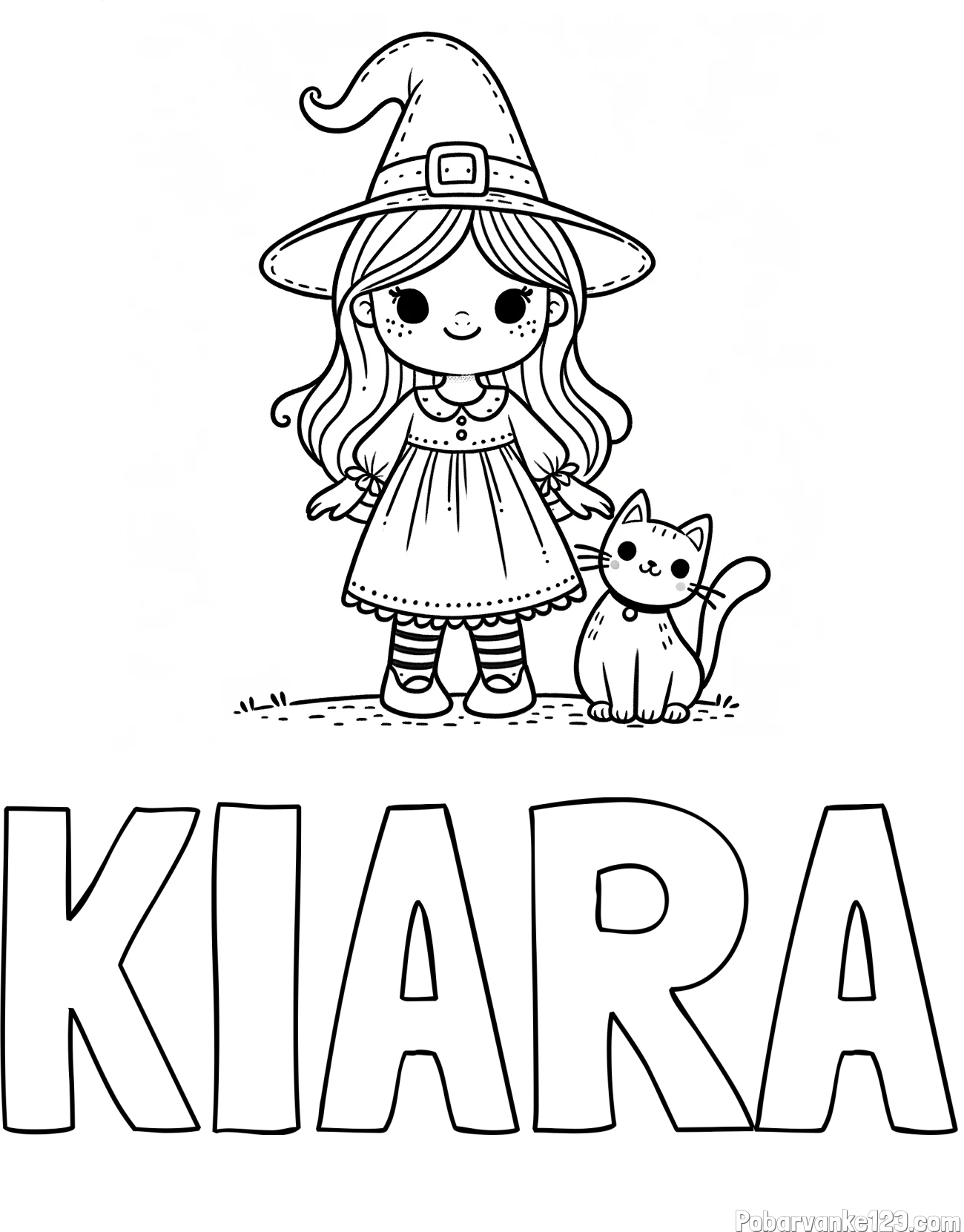Pobarvanka imena KIARA in Čudovita pobarvanka ljubke čarovnice in nasmejane mačke
