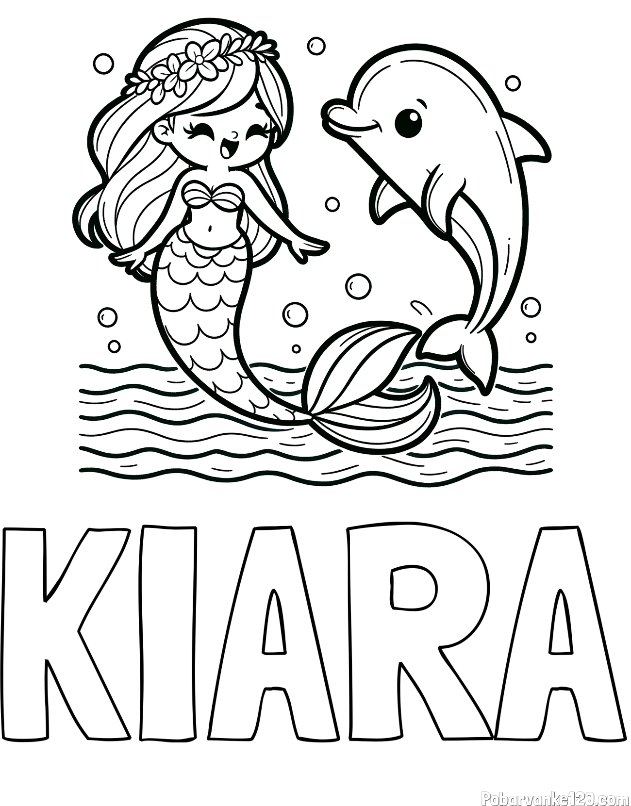 Pobarvanka imena KIARA in pobarvanka ljubke morske deklice, ki pleše z delfinom
