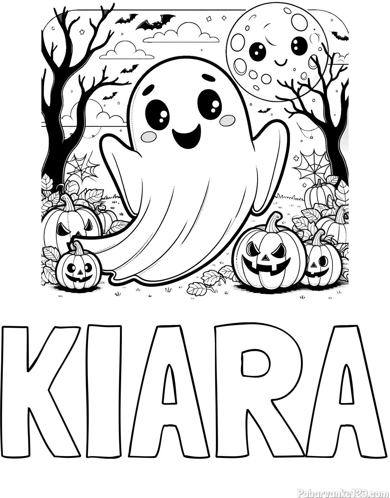 Pobarvanka imena KIARA in pobarvanka ljubkega duhca in buč za noč čarovnic