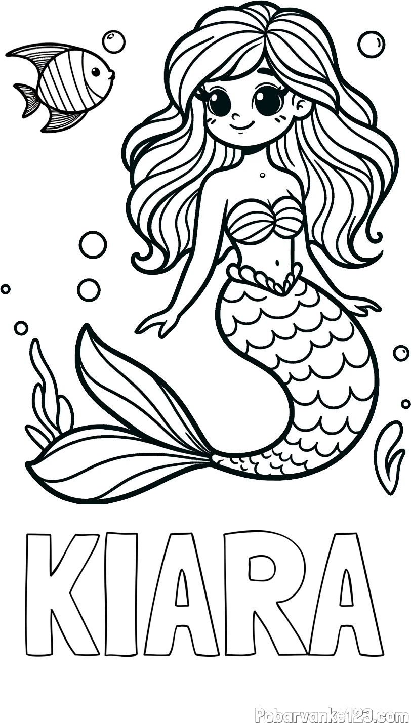 Pobarvanka imena KIARA in pobarvanka male morske deklice in ribice
