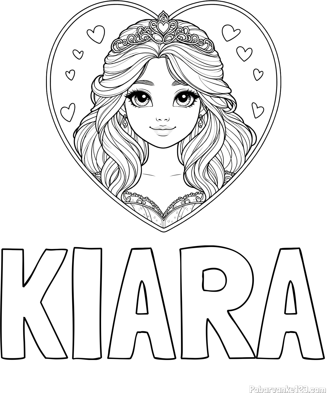 Pobarvanka imena KIARA in pobarvanka princeske ter srčkov