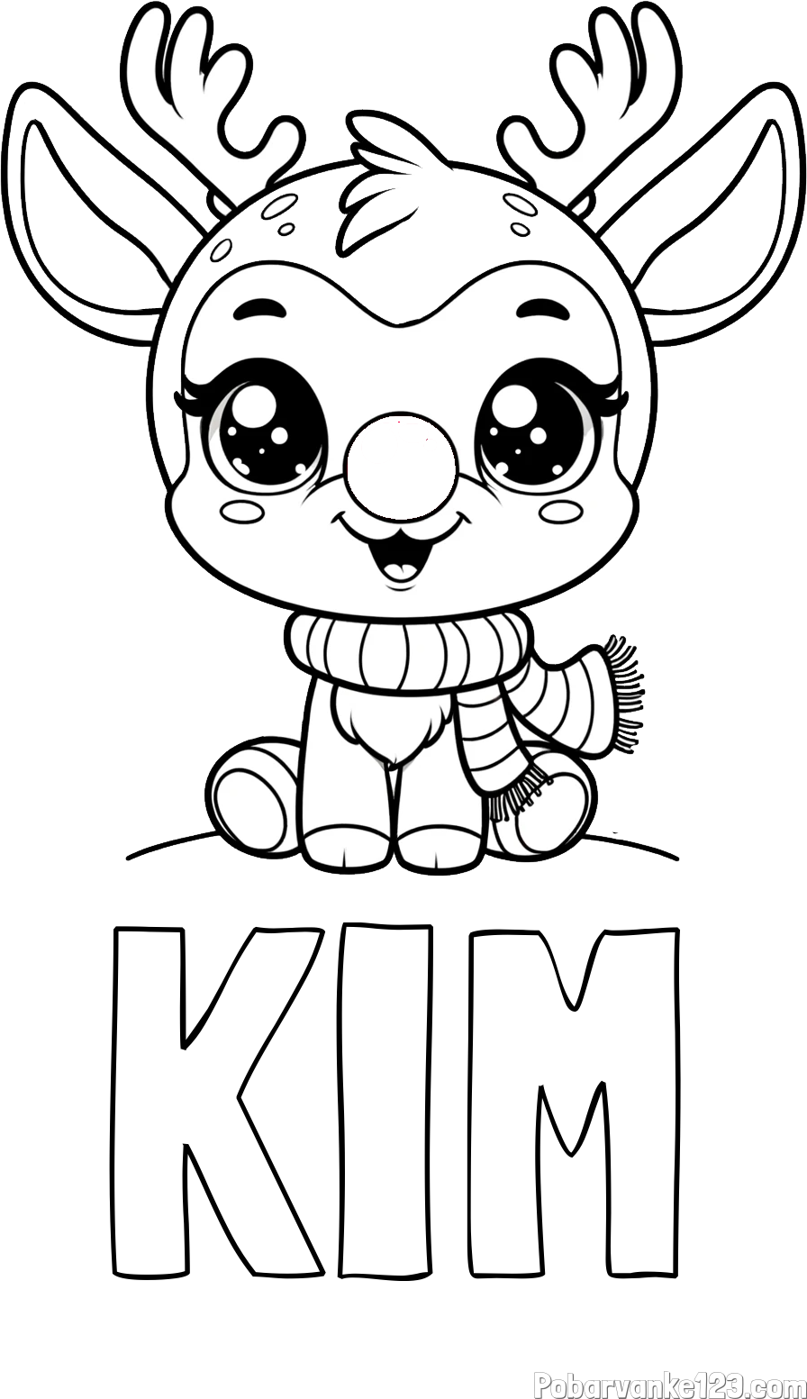 Pobarvanka imena KIM in otroška pobarvanka jelenčka Rudolfa s šalom okoli vratu