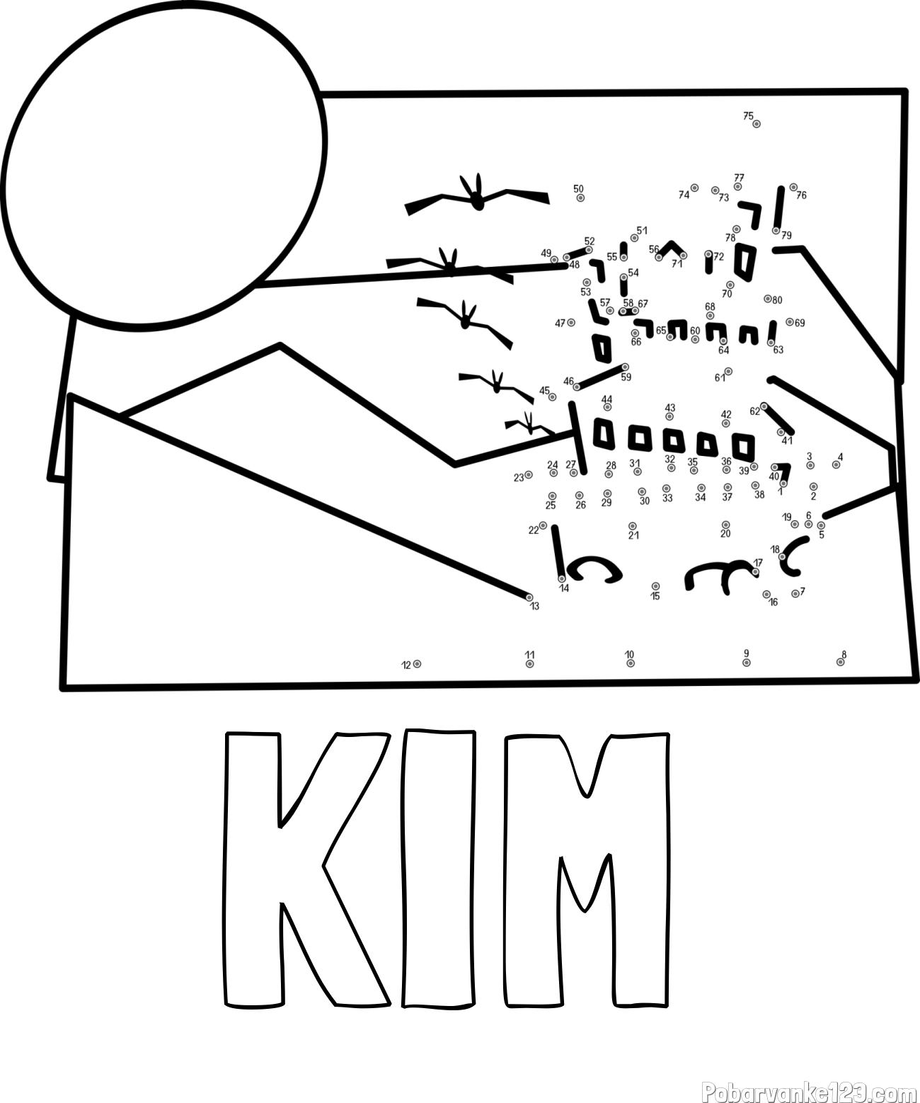 Pobarvanka imena KIM in pobarvanka gradu - poveži številke od pike do pike