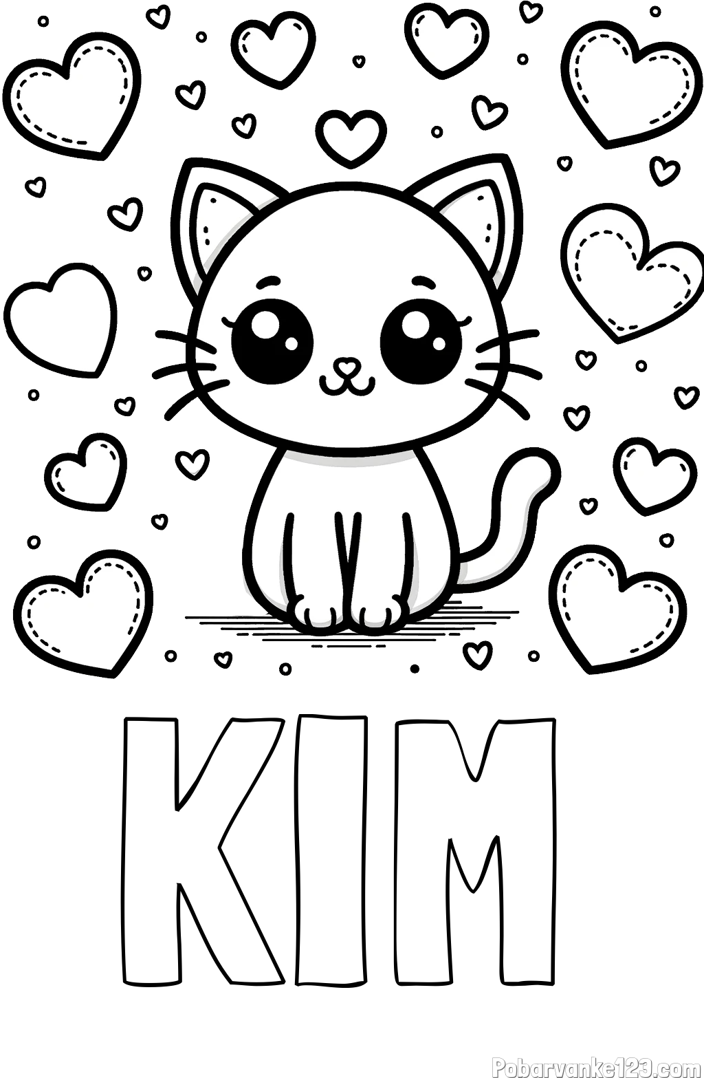 Pobarvanka imena KIM in pobarvanka ljubke mucke obdane z veliko srčki