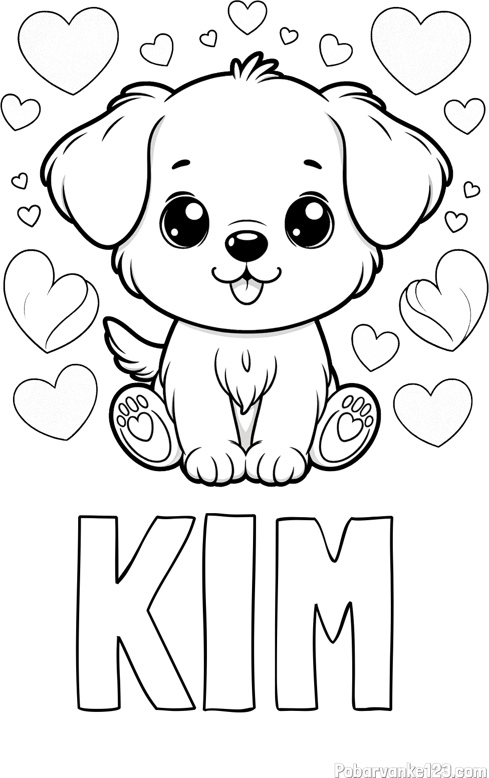 Pobarvanka imena KIM in pobarvanka ljubkega kužka obdanega s srčki