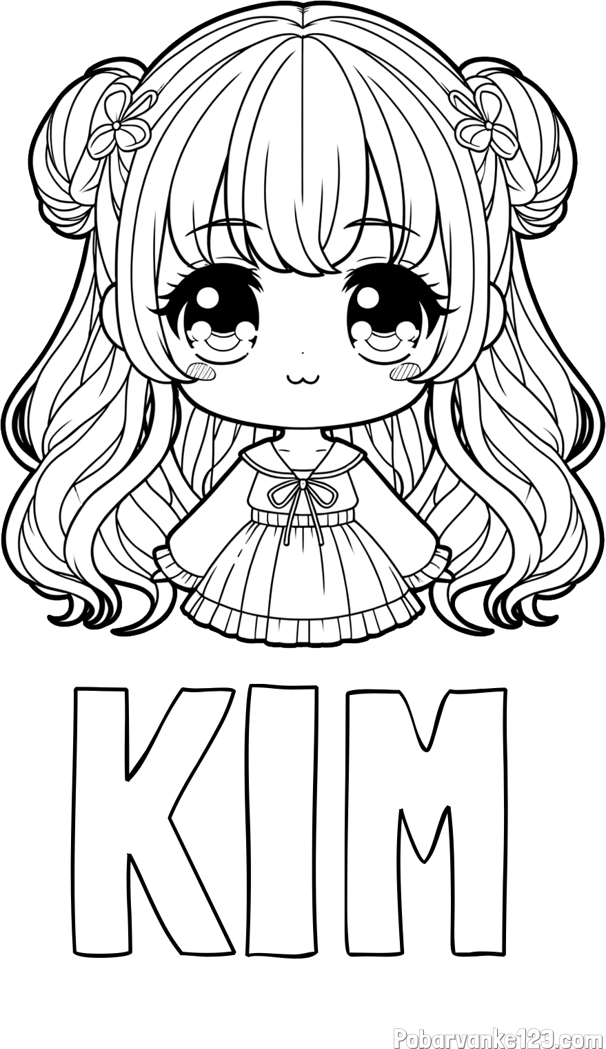 Pobarvanka imena KIM in pobarvanka prikupne punčke v anime slogu