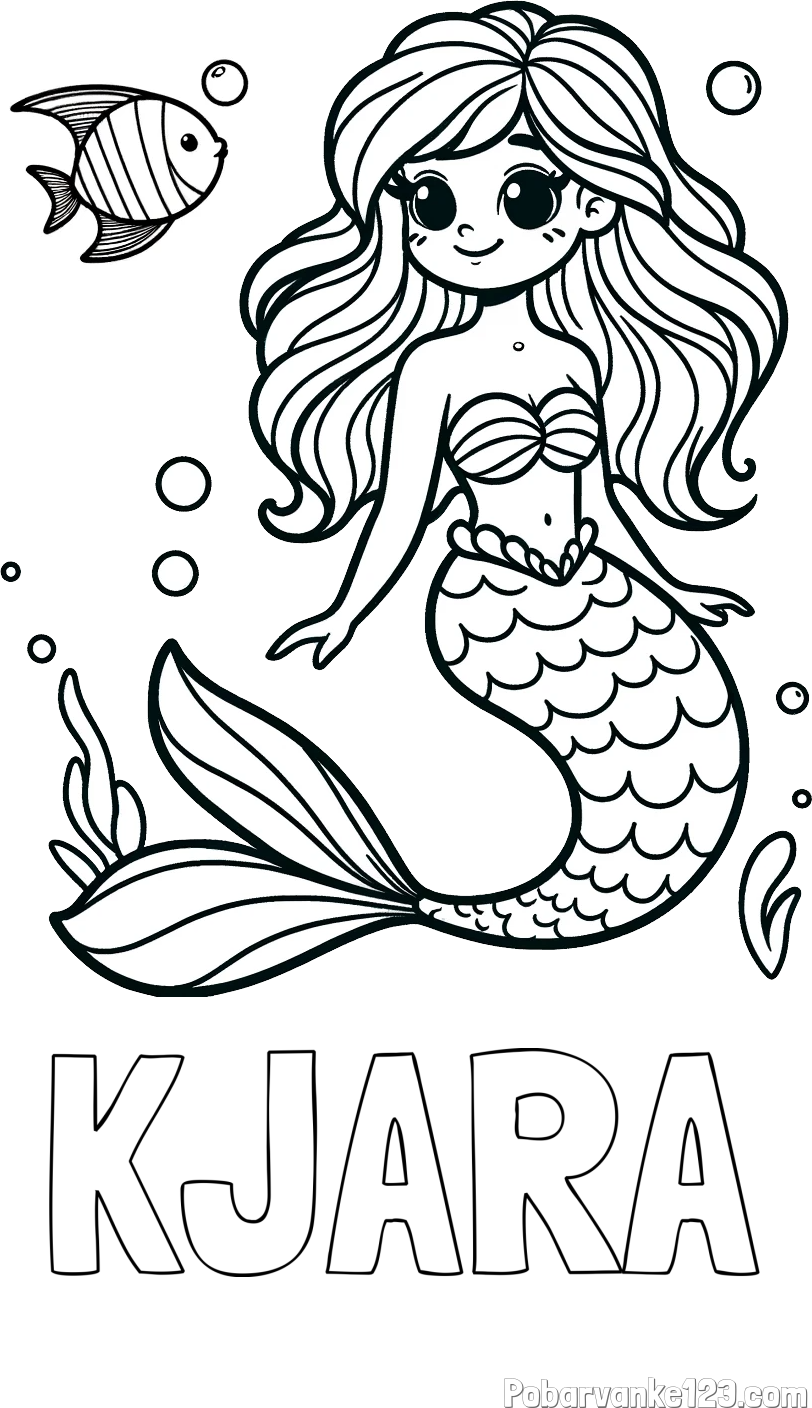 Pobarvanka imena KJARA in pobarvanka male morske deklice in ribice