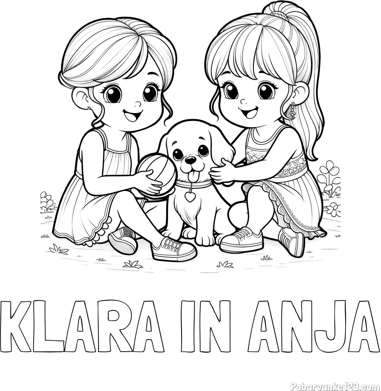 Pobarvanka imena KLARA IN ANJA in pobarvanka prijateljic s kužkom