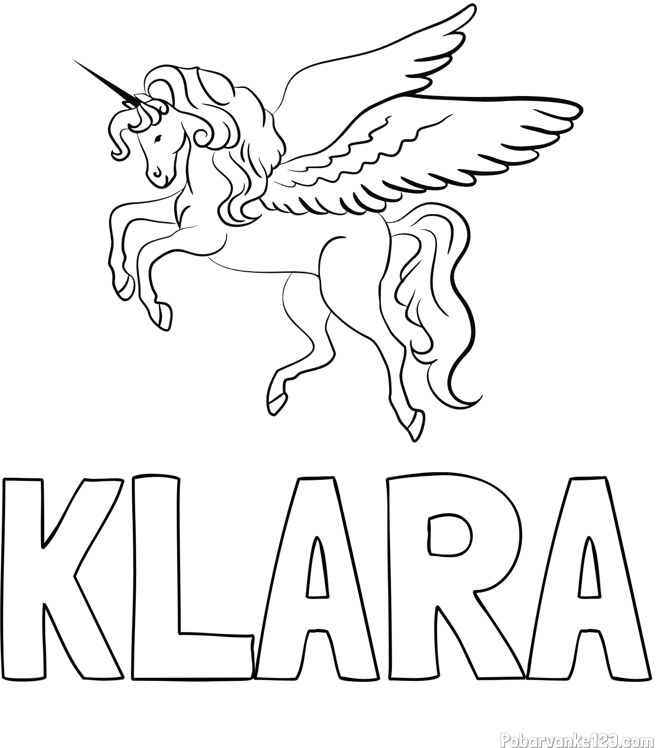 Pobarvanka imena KLARA in lepa pobarvanka samoroga