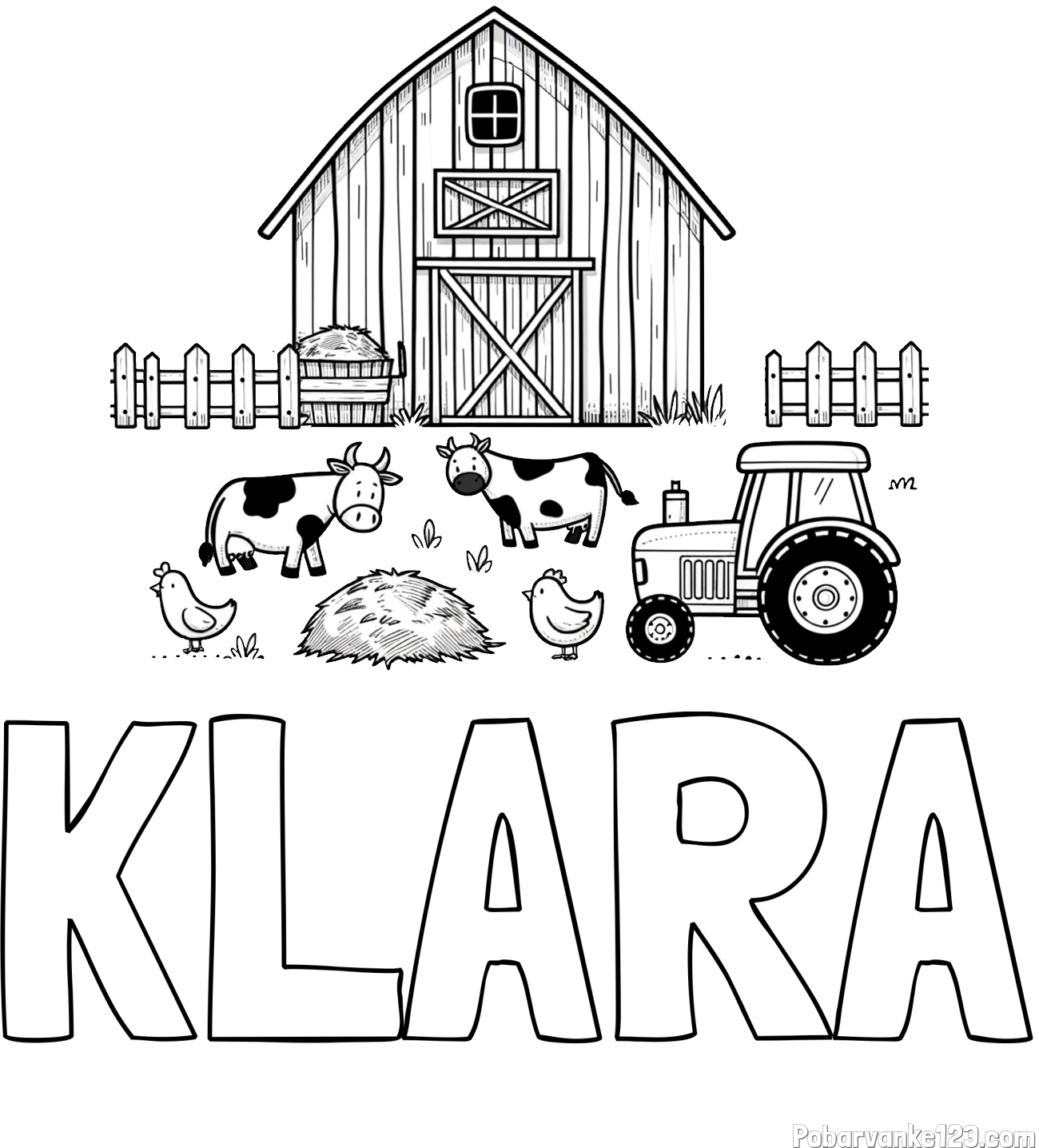 Pobarvanka imena KLARA in otroška pobarvanka velikega senika, krav in traktorja