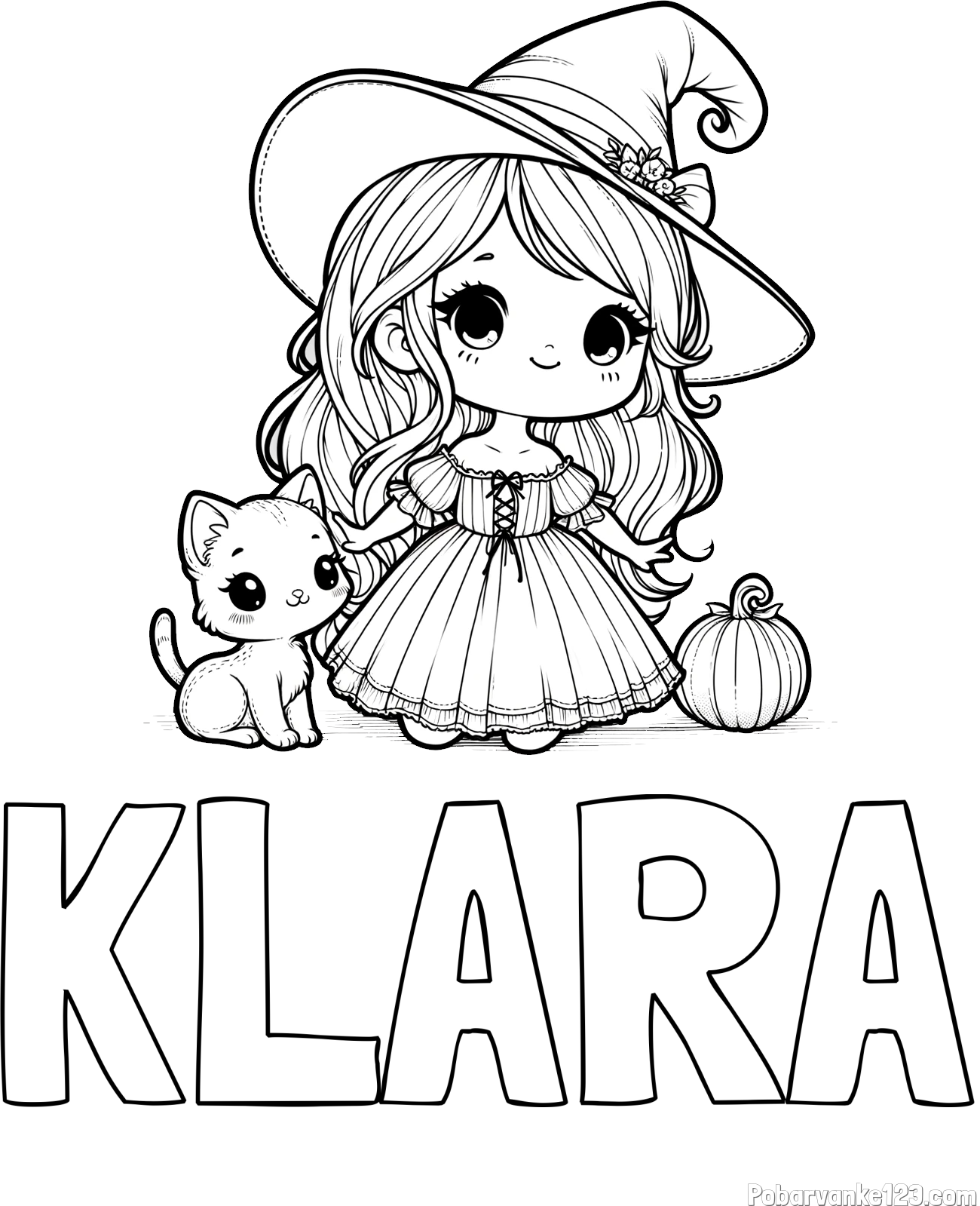 Pobarvanka imena KLARA in pobarvanka ljubke čarovnice, muce in buče