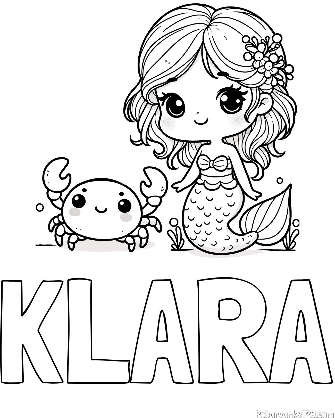 Pobarvanka imena KLARA in pobarvanka ljubke morske deklice in veselega raka