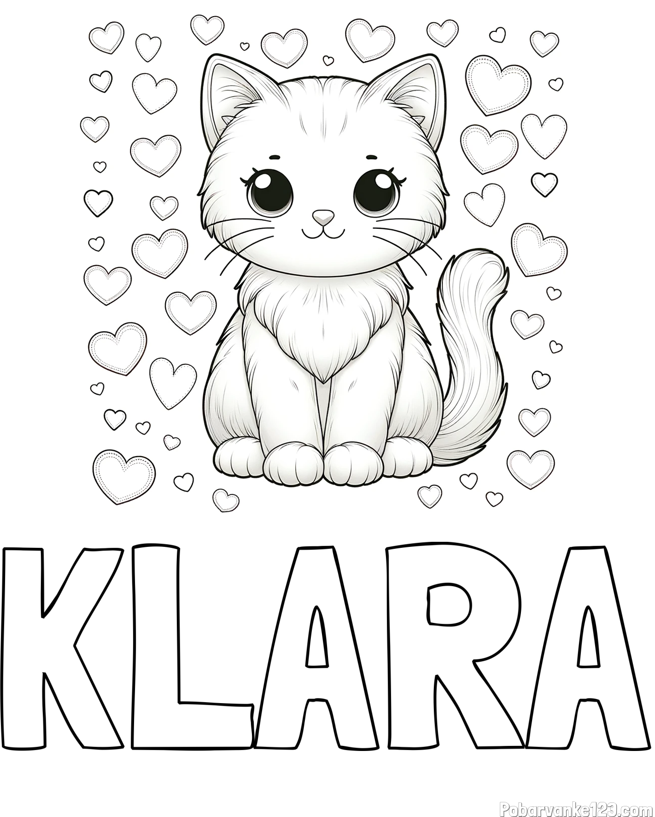 Pobarvanka imena KLARA in pobarvanka ljubke mucke obdane s srčki