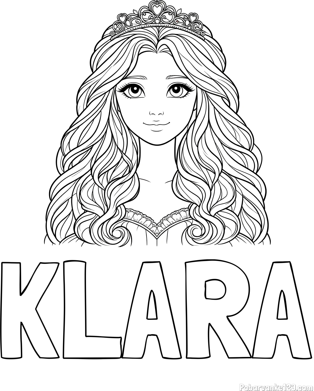 Pobarvanka imena KLARA in pobarvanka ljubke princese z bujnimi lasmi