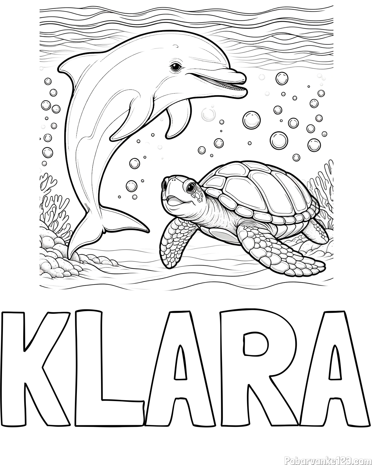 Pobarvanka imena KLARA in pobarvanka ljubkega delfina in njegove prijateljice želve