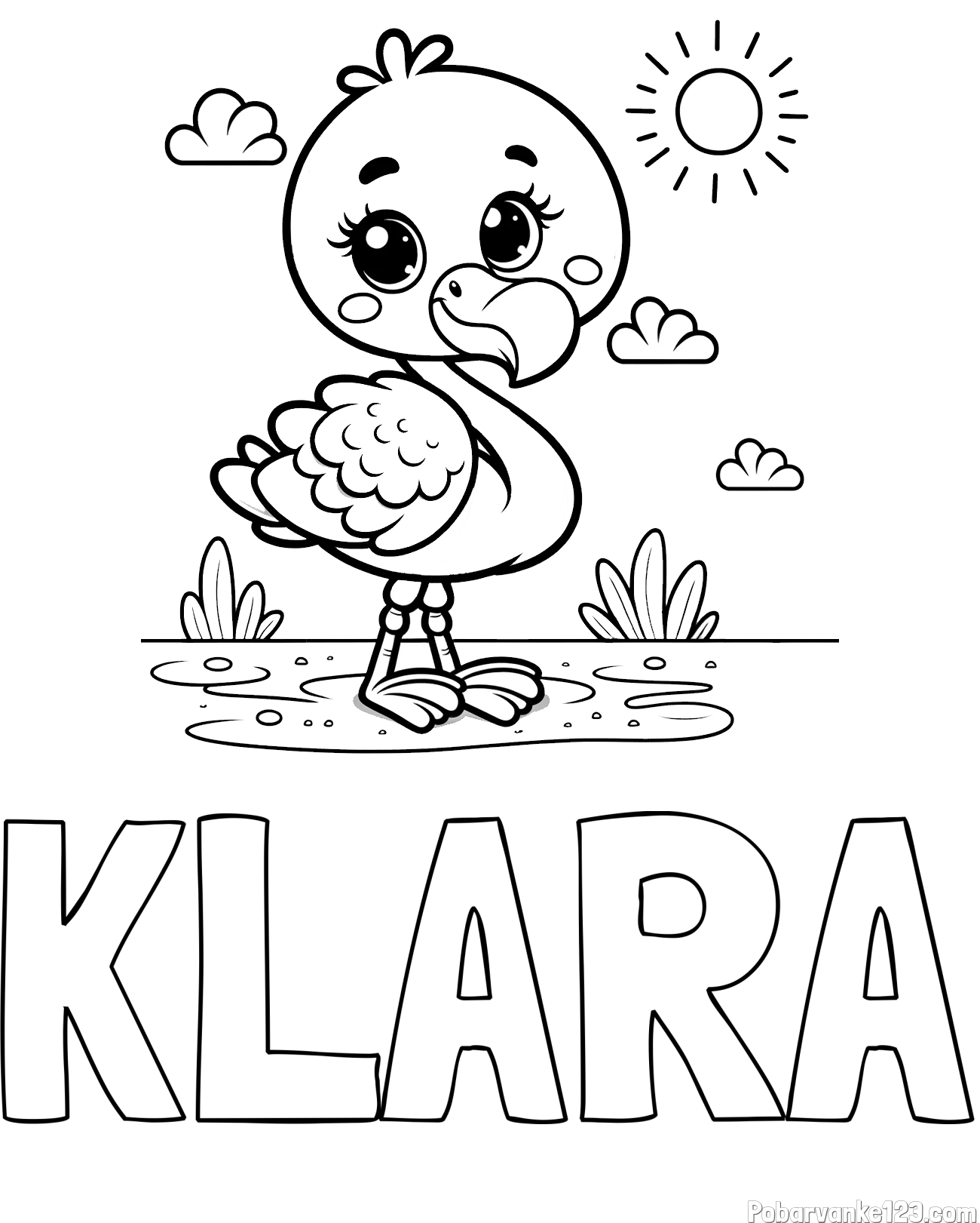 Pobarvanka imena KLARA in pobarvanka ljubkega flaminga