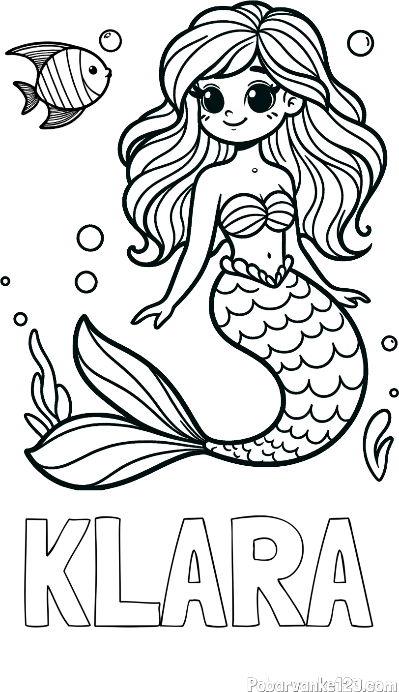 Pobarvanka imena KLARA in pobarvanka male morske deklice in ribice