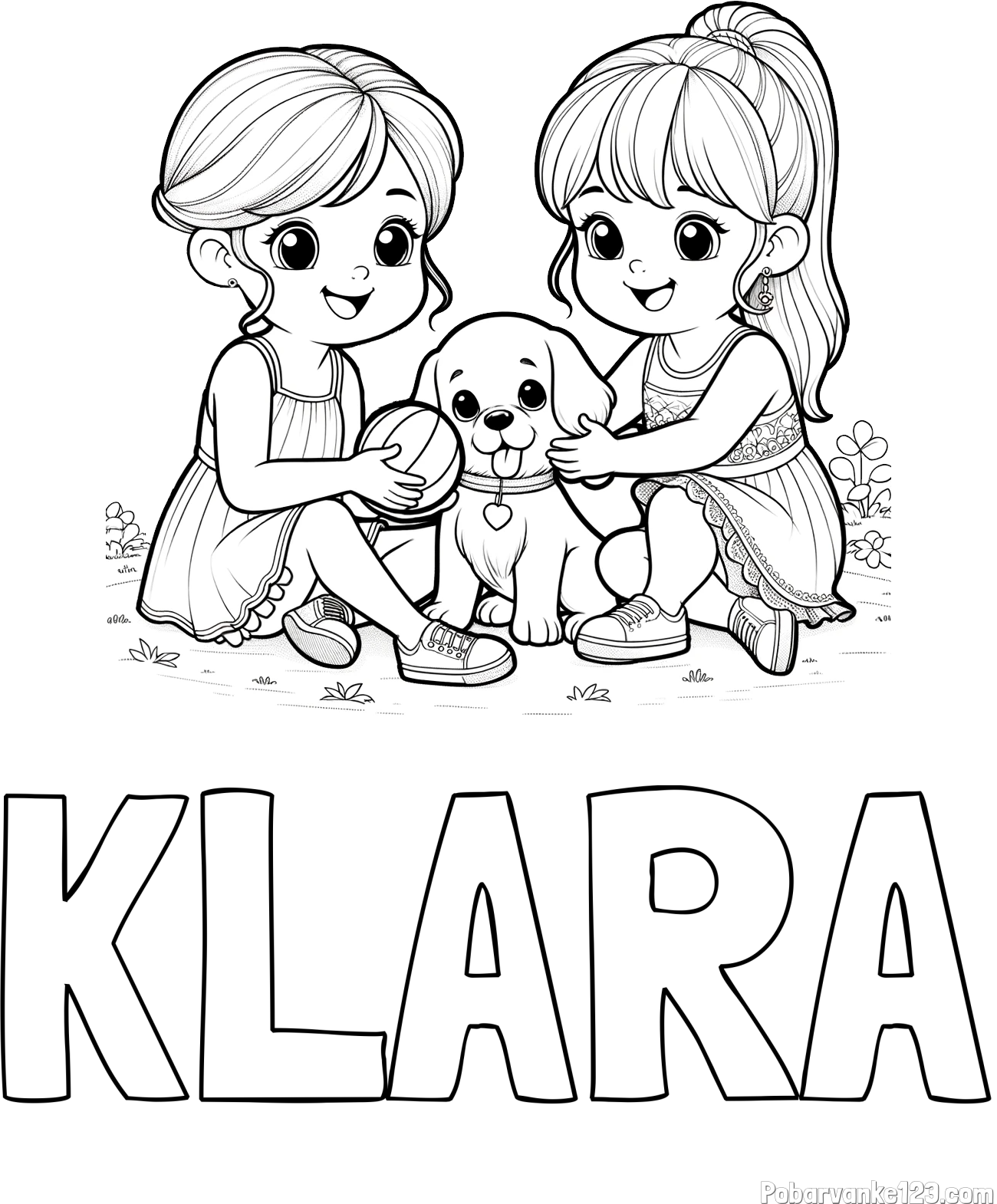 Pobarvanka imena KLARA in pobarvanka prijateljic s kužkom